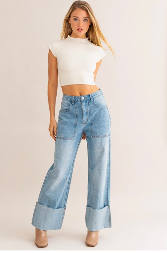 HIGH WAISTED WIDE LEG CUFFED JEANS